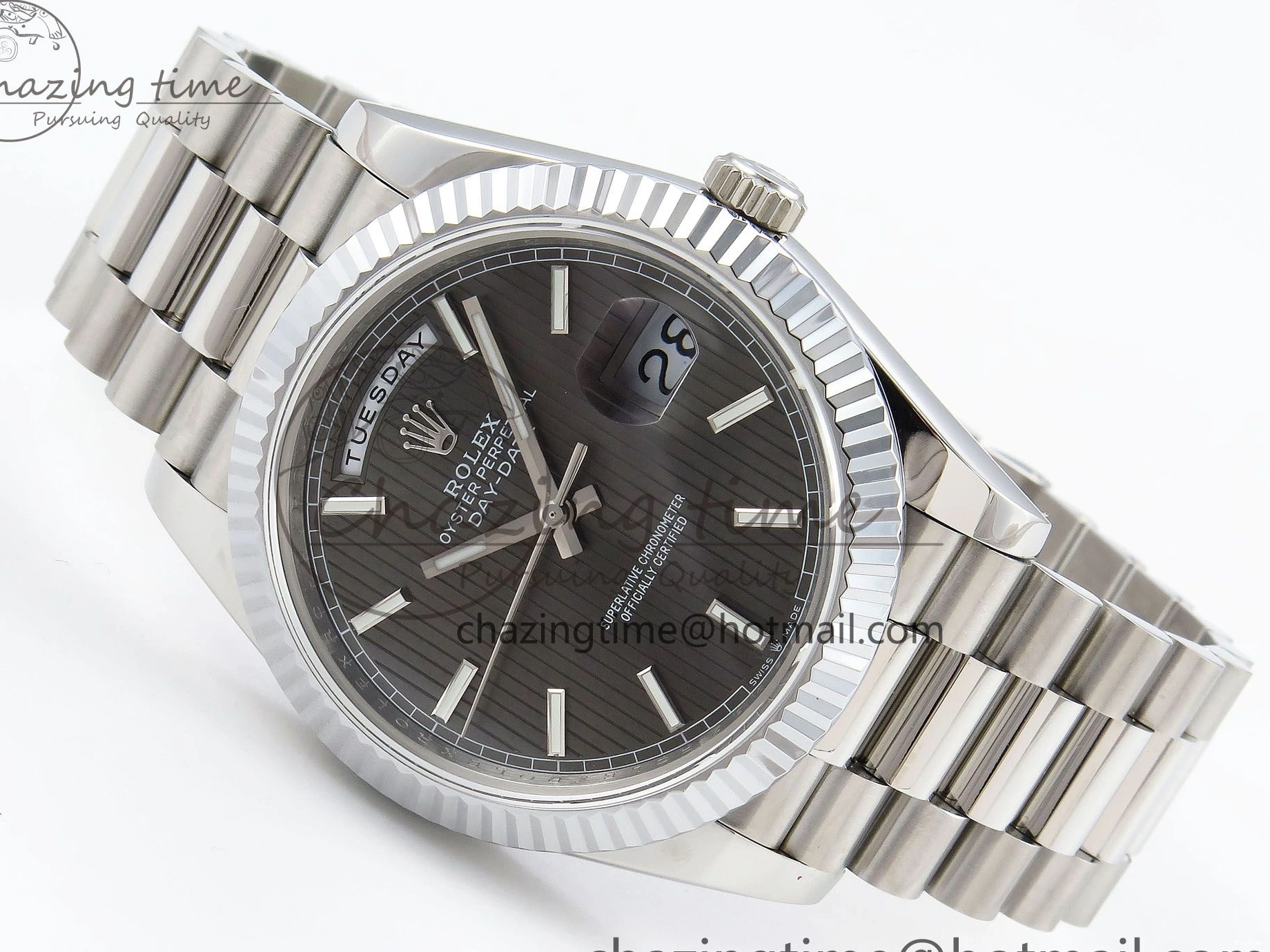 MiroTime 0418 SportInspired DayDate 40 SS JDF 904L Steel Gray Textured Stick Dial on President Bracelet VR3255 V3 (Gain Weight) 1437